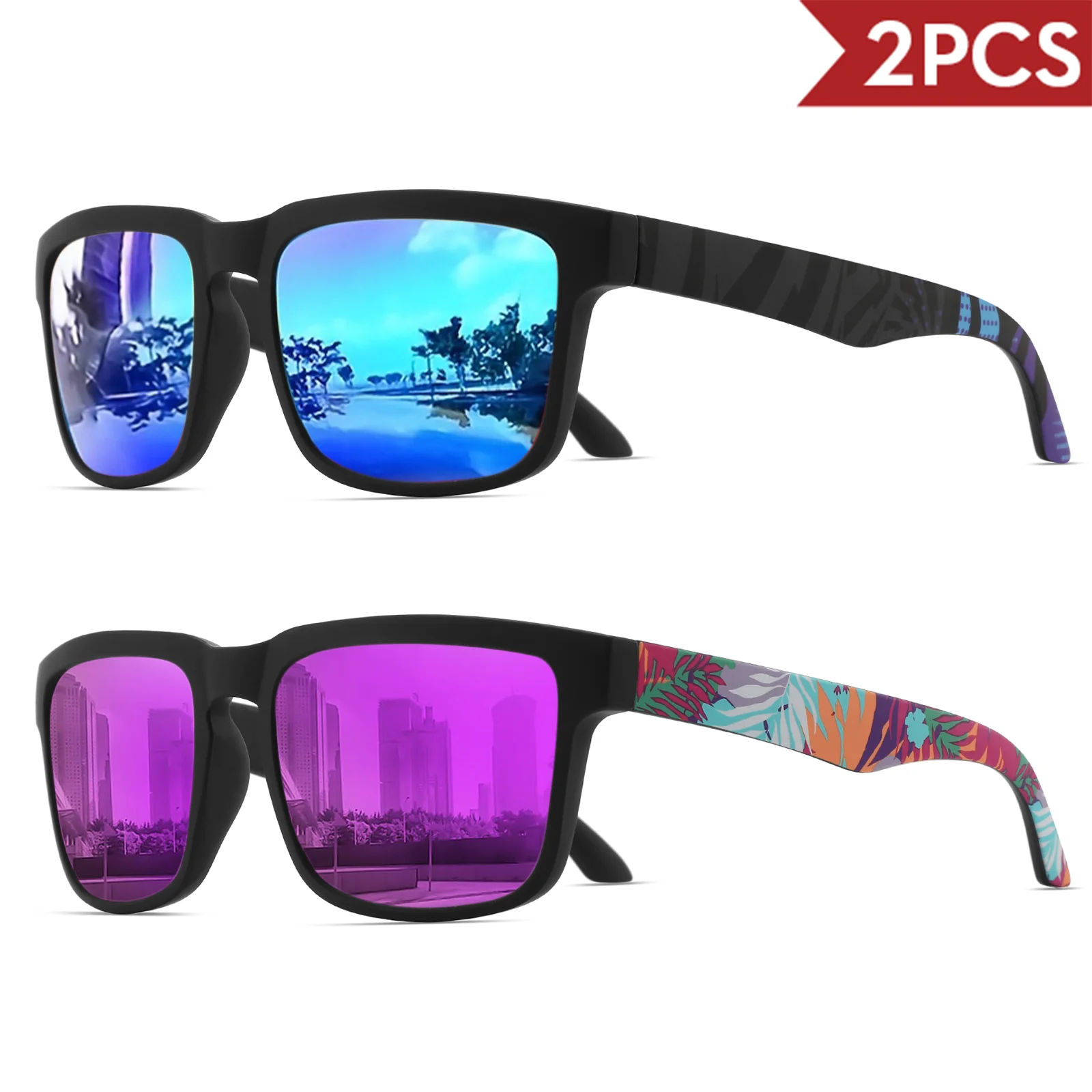 2 quadratische Sport-Sonnenbrille mit Designer-Tempelmuster – UV400 für Männer und Frauen, Strandurlaub – Detail 9