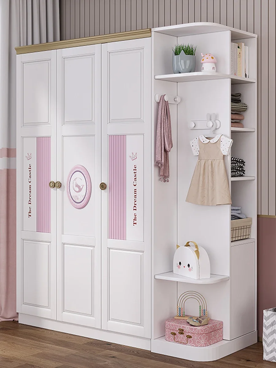 Children's Wardrobe Girl Double-Door Closet Home Bedroom Light Luxury Wardrobe Three-Door Locker Side Cabinet