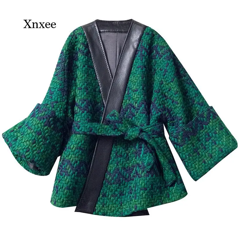 

Japanese Cardigan Kimono Mixed Color Jacquard Knit Autumn and Winter Wrapped Loose Lace Jacket Women Fashion Pu Clothing Coats