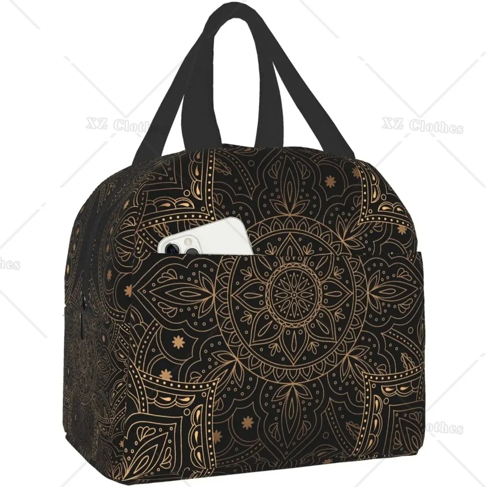 

Luxury Oriental Mandala Royal Retro Floral Lunch Bag for Women Men Black Antique Insulated Cooler Lunch Box for Work School Trip