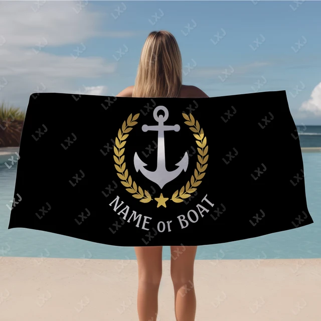 Black Nautical Anchor Beach Towel, Microfiber Printed Beach Blanket for Beach, Travel, Camping, Customizable with Boat Name 6