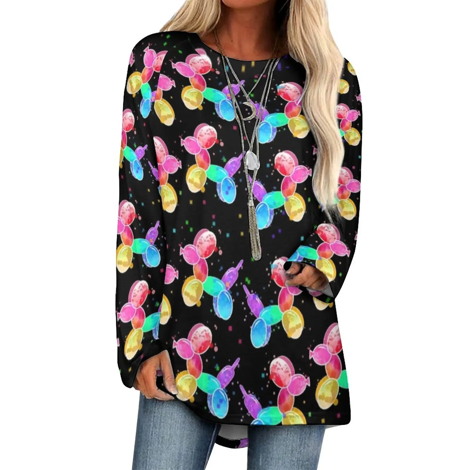 

Футболка женская с длинным рукавом, с принтом воздушных шаров и собак, модная рубашка в уличном стиле, с цветным принтом животных, большие размеры 5XL, на весну