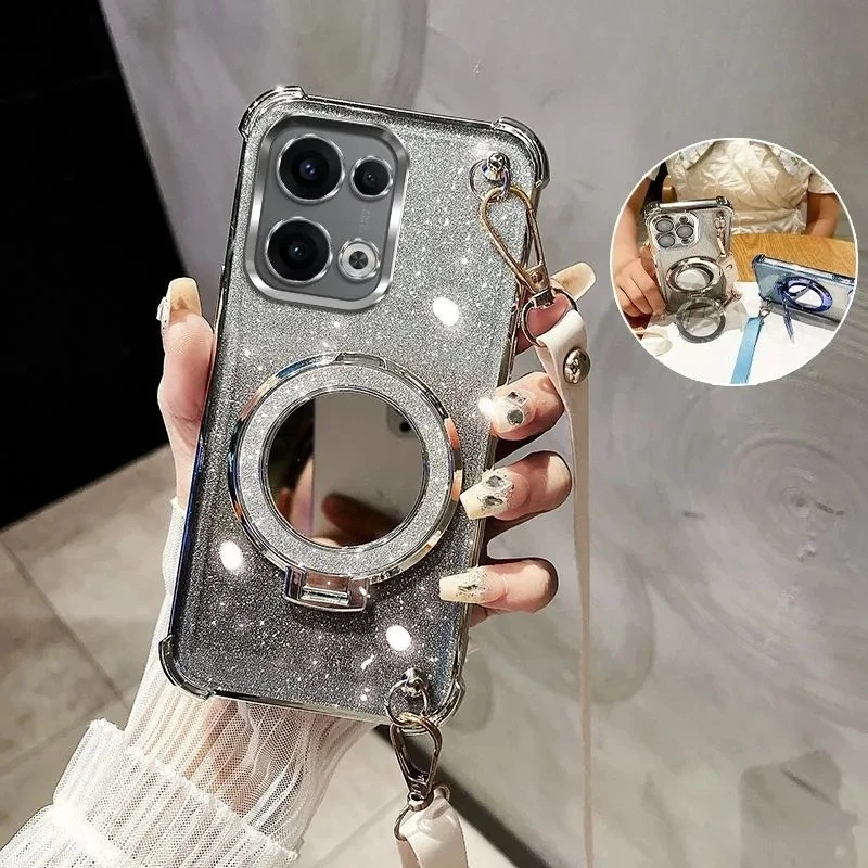 Elegant Crossbody Lanyard Shockproof Plating Case with Mirror and Makeup Holder Cover