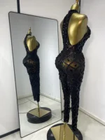 Women Rhinestones Sequines Mesh Bodycon Jumpsuits Sexy Special Occassion Nightclub DJ Dancer Stage Costumes Evening Club Dress - Image 4