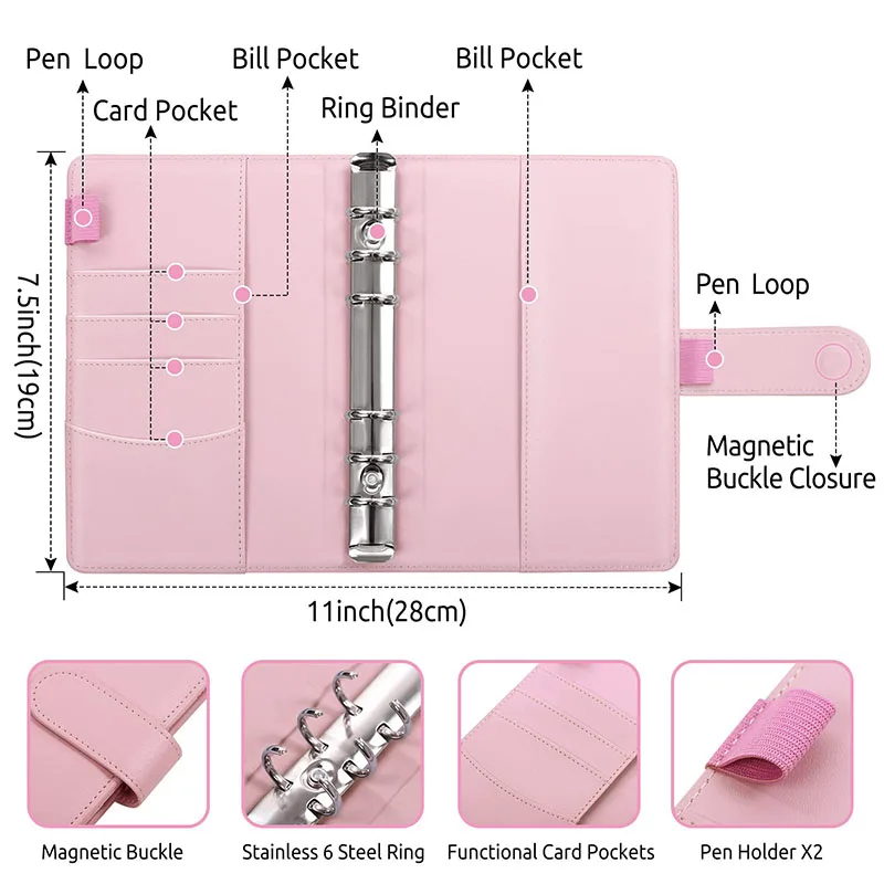 Carnet de notes classeur A6 en cuir, 6 trous enveloppe budget- Couverture  souple -cash enveloppe wallet, budget planner- Pour au bureau, à l'école et