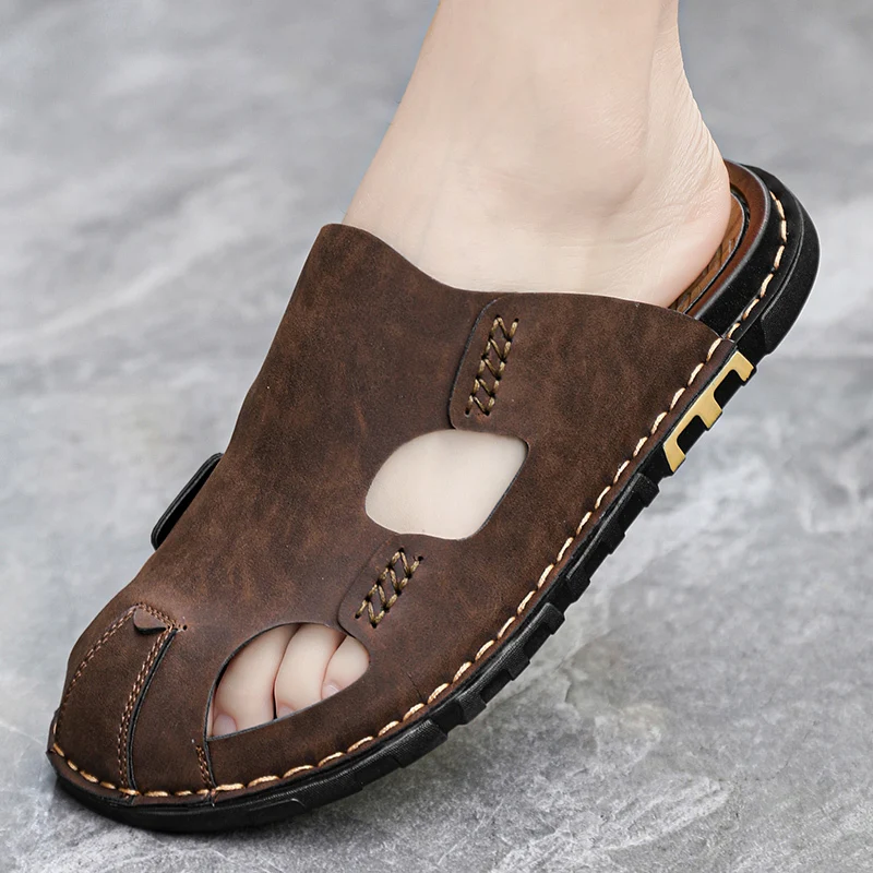 Leather Mens Slippers Shoes Summer Large Size Male Slipper Men Sandal Fashion Slipper Luxury Leather Flip Flops 38-47 fashion sandals fashion slippers leather sandals