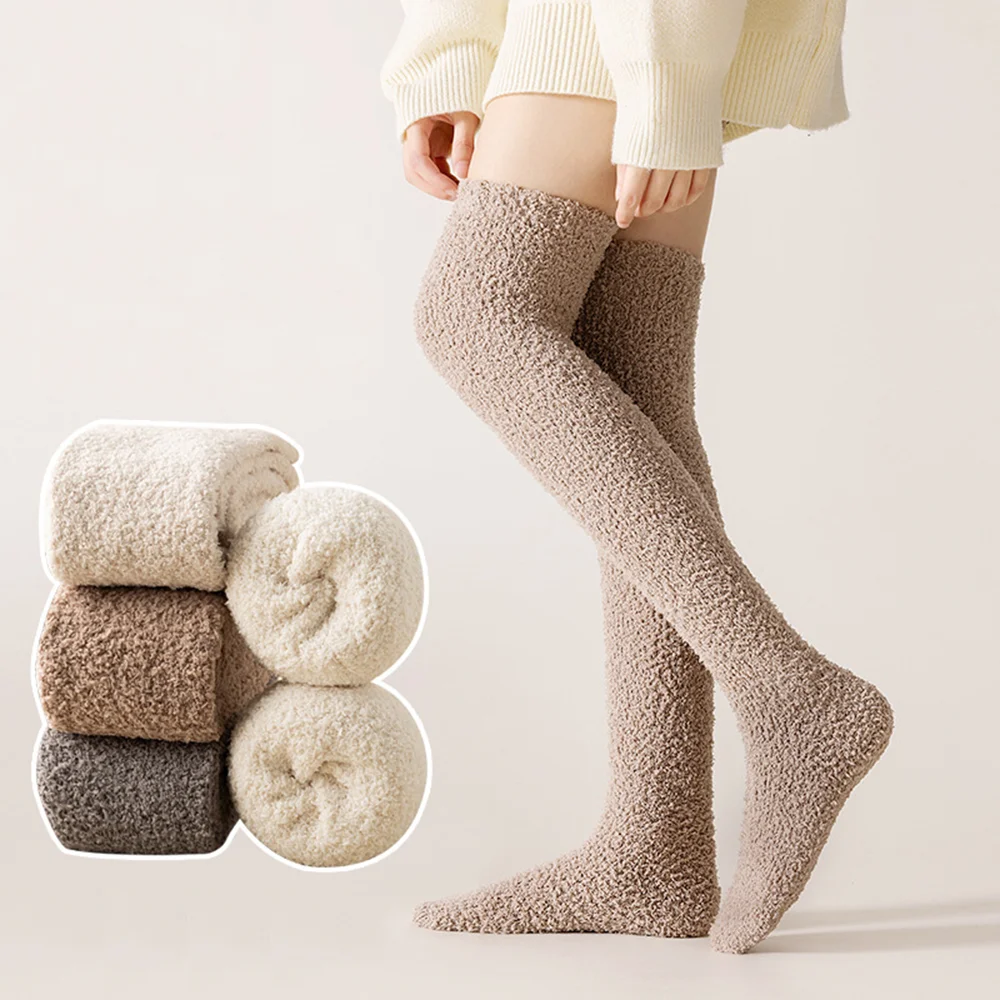 

Solid Color Thigh High Stockings Women Thermal Winter Warm Cotton Leggings Fashion Casual Over The Knee Coral Fleece Long Socks