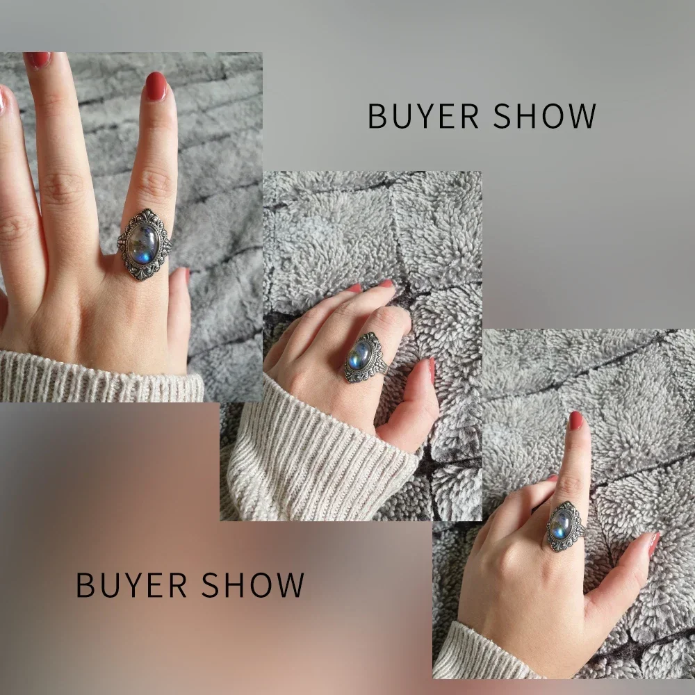 925 Sterling Silver Oval Natural Labradorite Rings Finger Ring Retro Big Stone Rings Fine Jewelry Gift For Women Men silver rings,silver ring