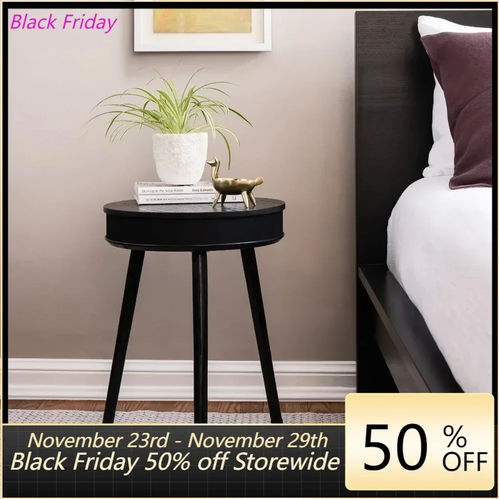 

Round End Table with Bluetooth Speaker and USB Charging Port, Black Living Room Furniture Side Tables