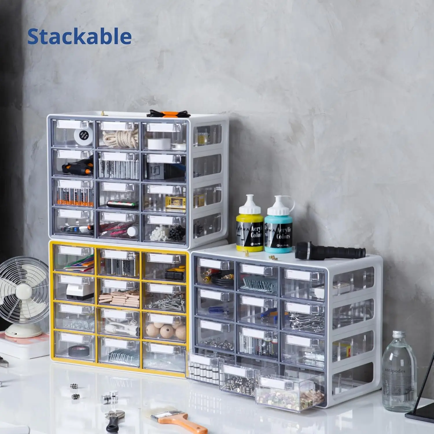 Blue Ginkgo Large 12-Drawer Cabinet – Stackable Clear Organizer for Hardware, Beads, Plastic Bricks, Office, and Craft Storage 5