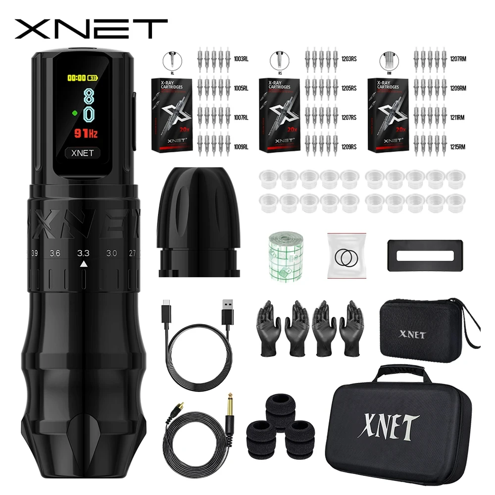 XNET-Kit de caneta de tatuagem sem fio, curso ajustável, display OLED, cartucho misto, bateria de 2400mAh, 2,4-4,2mm, 60 pcs