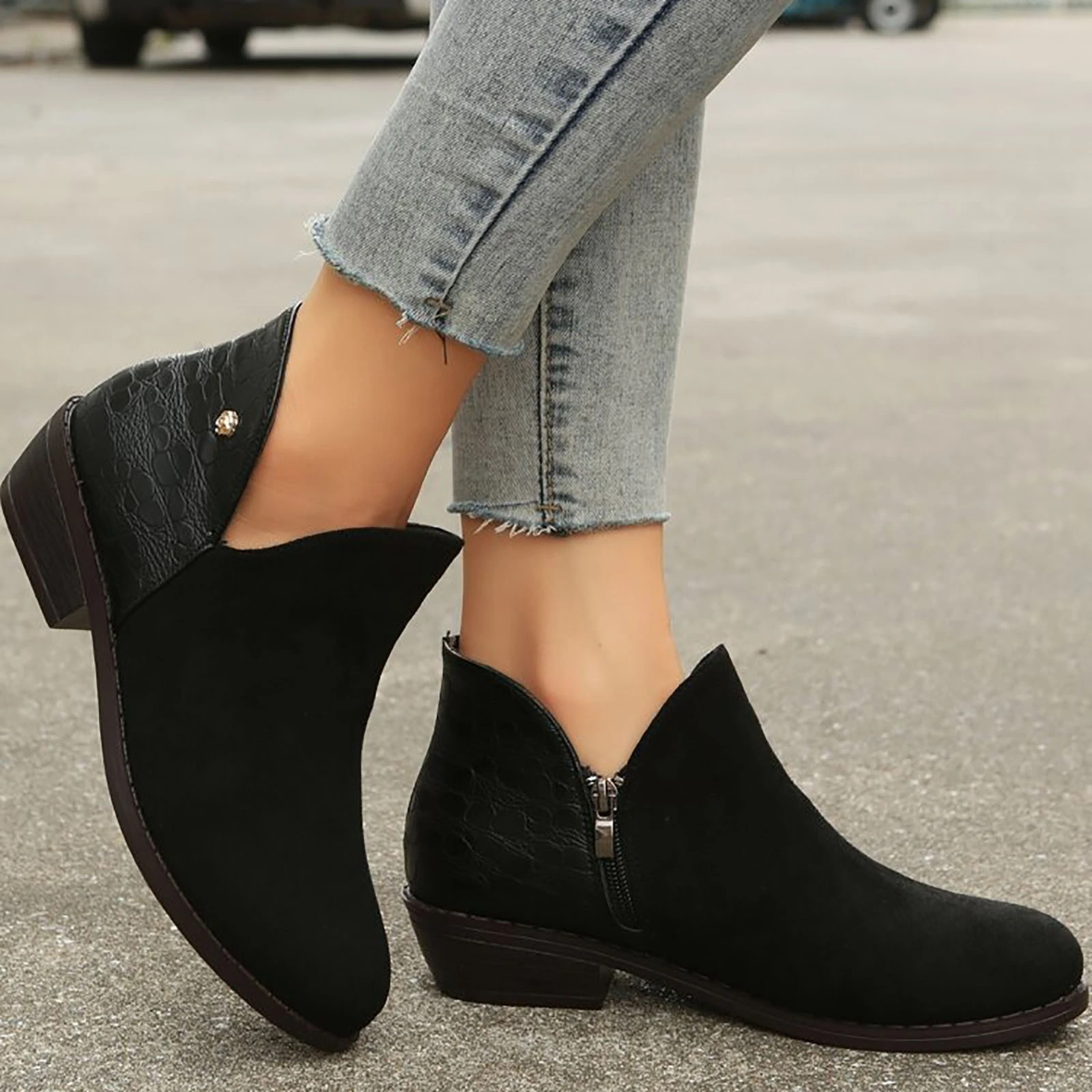 Botas de estilo occidental para mujer, botines cortos Retro con cremallera lateral y tacón | - AliExpress