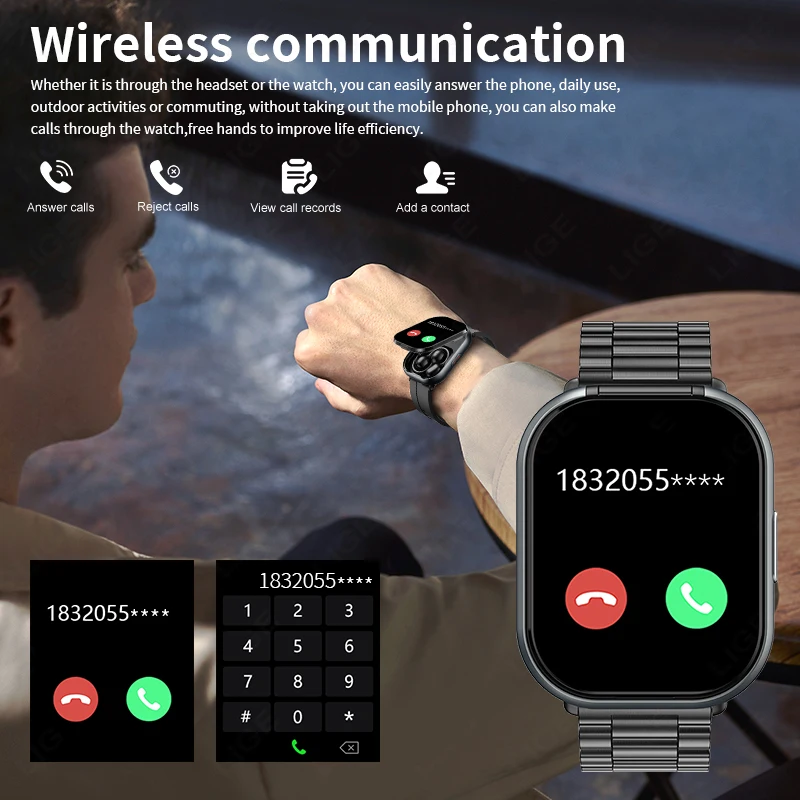 LIGE TWS 2-In-1 Clip-on Earbuds Smart Watch 2.01" BT Call Men Women Earphone Music Sports Smartwatch Heart Rate Health Monitor