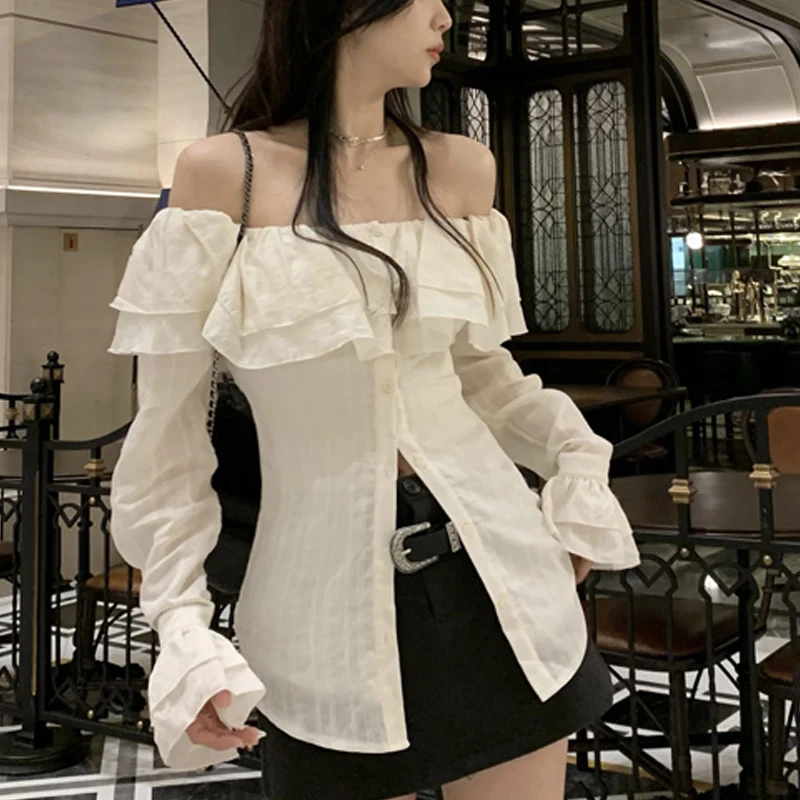 

Spring Summer Solid Color Fashion Slash Neck Shirt Women High Street Casual Sexy Button Ruffles Cardigan Korean Style Sweet Tops