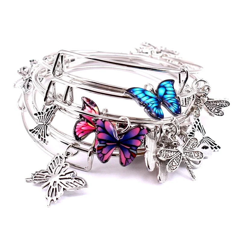 5pcs Bangle Set Wire Bracelets for Women Girls Jewllery Butterfly Dragonfly Bow Charms Bangles Cuff Jewlery C044