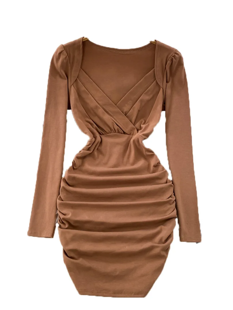 

Женское платье с длинным рукавом ssTss, однотонное облегающее мини-платье с V-образным вырезом, длинным рукавом, высокой талией и складками, весна-осень