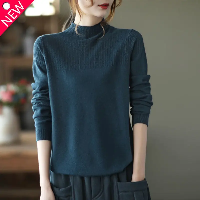 2023 Autumn and Winter New Oversize Versatile Temperament Women's Clothing Half High Collar Long Sleeve Solid Color Pullover