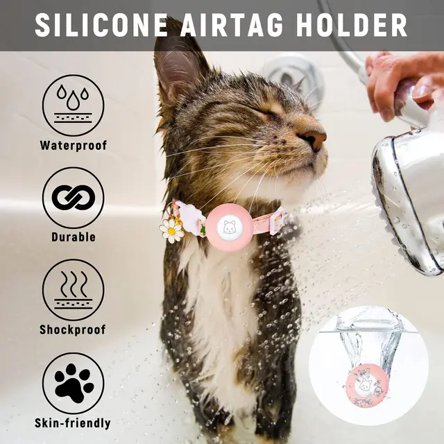 Airtag Cat Collar, Kitten Collar Breakaway with Silicone Airtag Holder, Bells & Flower Charm for Girl Cats Boy Cats Small Dogs 5