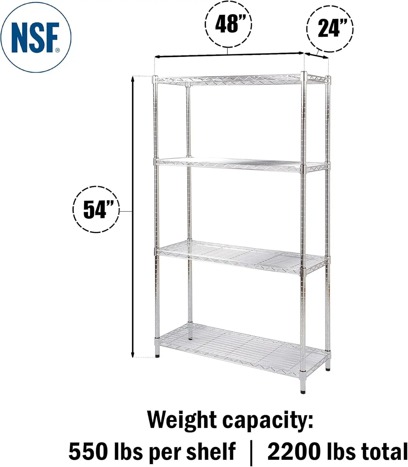 24" Deep x 48" Wide x 54" High 4 Tier Chrome Wire Shelving Kit | NSF Commercial Storage Rack Unit 2