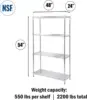 24" Deep x 48" Wide x 54" High 4 Tier Chrome Wire Shelving Kit | NSF Commercial Storage Rack Unit 2