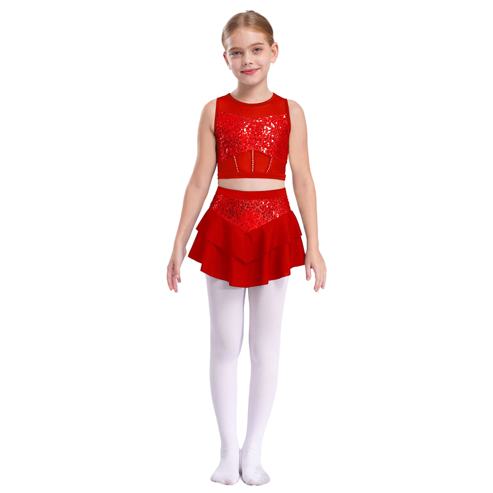 Kids Girls Cheerleading Uniform Cheerleader Ballet Jazz Dance Performance Costume Shiny Sequins Crop Top with Tiered Skirt for