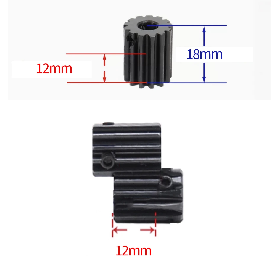Deux pignons moteur RC diamètre 4mm 1M11T côte à côte, vue rapprochée des dents métalliques