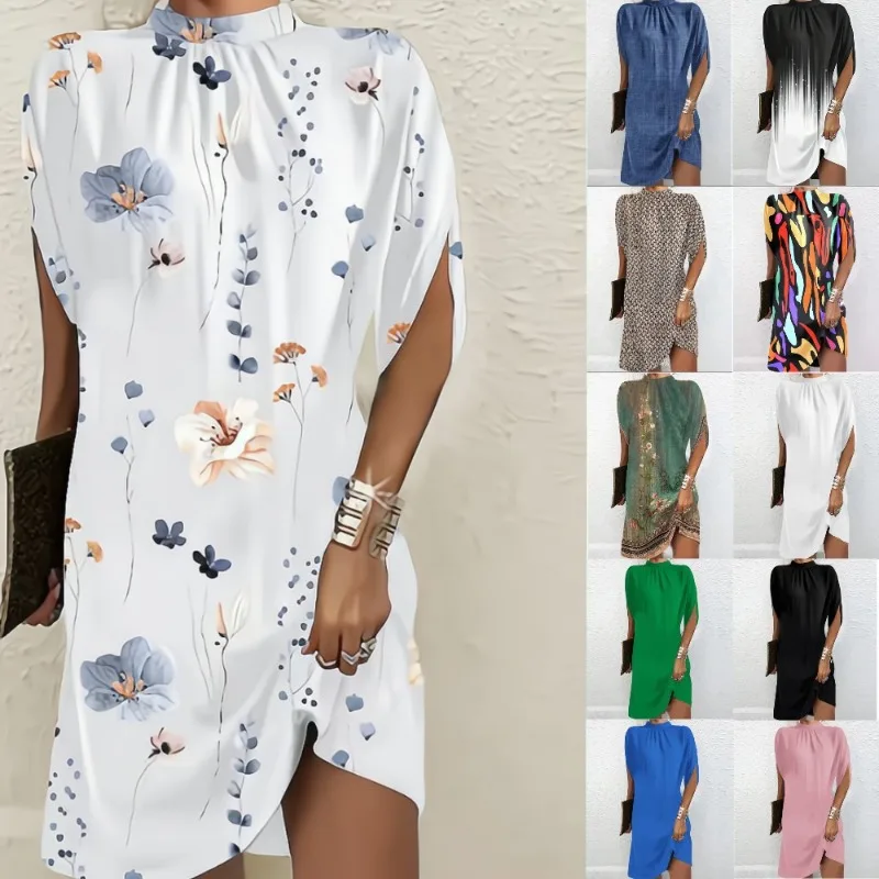 

Women's Summer Autumn Skirt Eleganct Temperament Casual Loose Solid Color Print Bat Sleeve Round Neck Female Knee Length Dress
