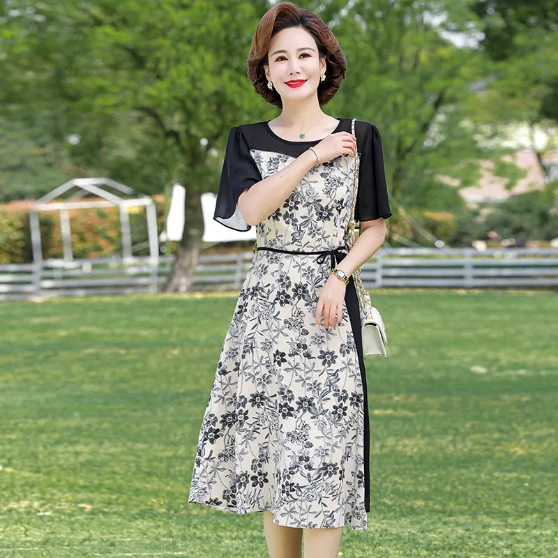 

Женское шифоновое платье с коротким рукавом, элегантное офисное платье-трапеция с принтом и пэчворком, длинные платья средней длины для работы, лето