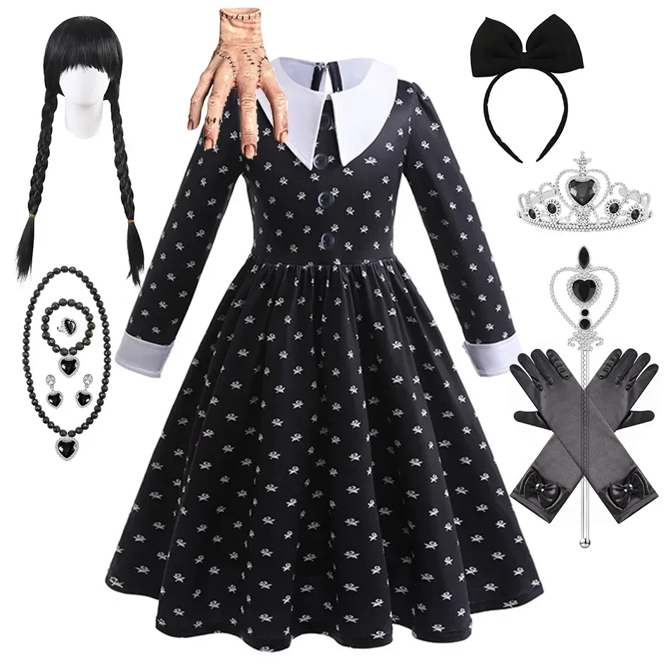 

Girls Wednesday Addams Cosplay Costume Kids Dark Theme Birthday Party Gown Children Black Fluffy Frocks School Day Casual Outfit
