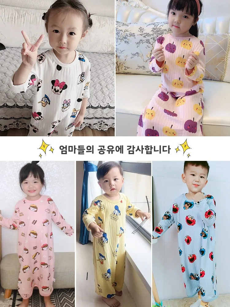 순면 봄 가을 겨울 여름 얇은 홈웨어 남아 여아용 수면복 발차기 방지 편안하고 통기성 좋은 옷