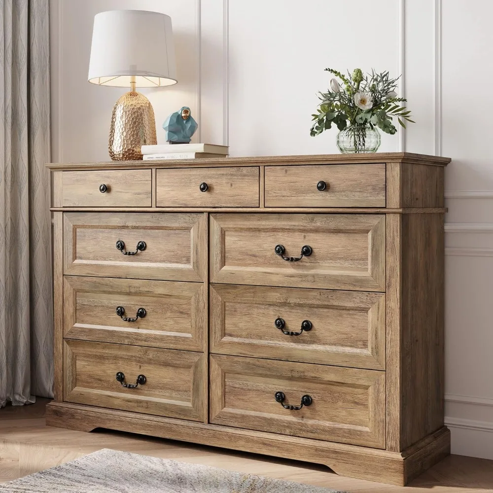 

Dressers, 9 Drawer Long Dresser with Antique Handles, Wood Chest of Drawers for Living Room, Dresser