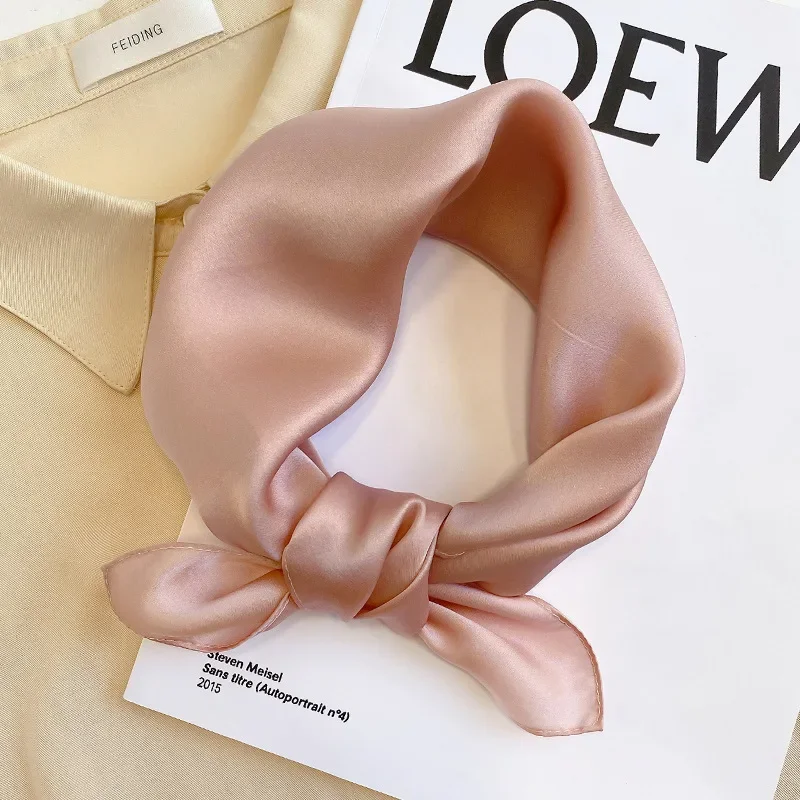 Solid Color 100% Nature Silk Square Scarfs for Women Neck Ties Foulard Neckerchief Hairband Hands Bag Ribbons Headband Gift 2