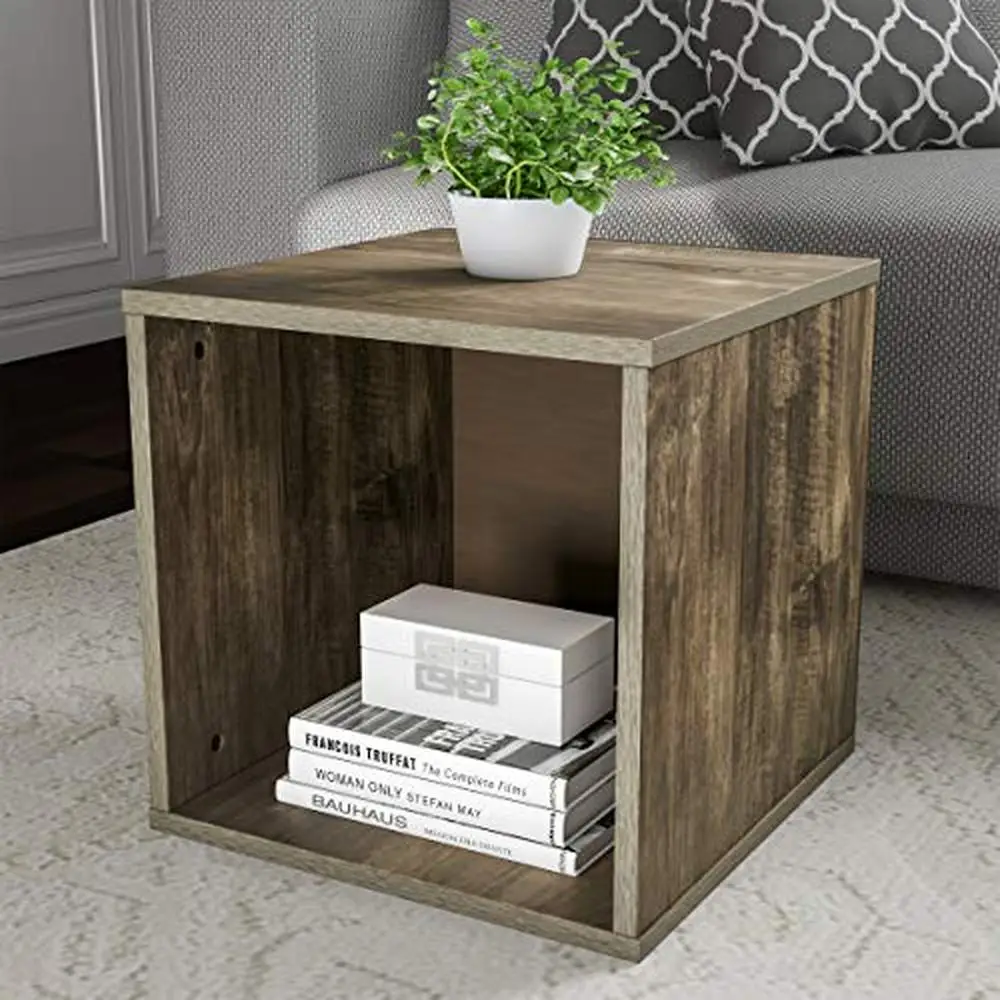 

Contemporary Modular Cube Accent Table Sturdy Wood Grain Shelving Solution Bedroom Living Room Office 15.75"x15.75"x15.75" Gray