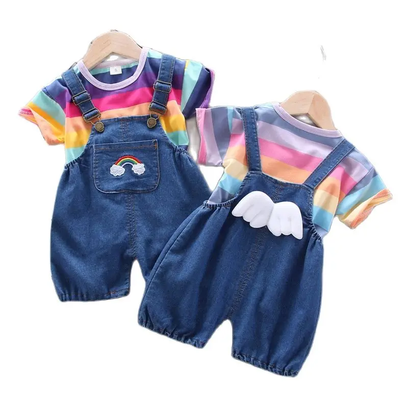 Summer Clothes Suit Children Fashion Girls Cartoon T-Shirt +Cotton Suspenders 2Pcs/set Toddler Casual Clothing Kids Tracksuits