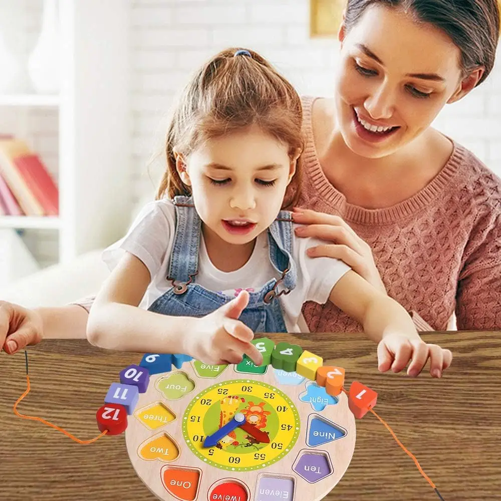 Educational Toys Wooden Clock Toys Time Clock Toy for Kids Wooden Time Learning Shape Sorting Color Game Montessori Early Education Math Set Baby Jigsaw Play Tool