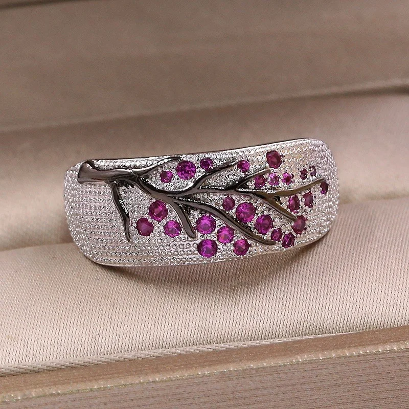 Womens Ring Luxury Silver Color Plum Blossom Branch Stones Cubic Zirconia Women Rings Fashion Jewelry Wedding Rings