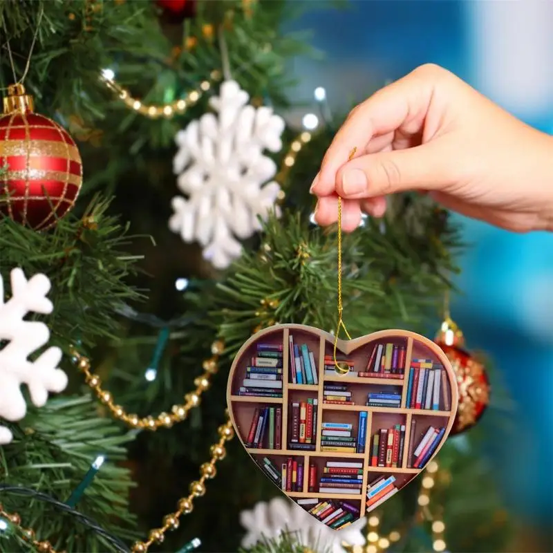 

Book Ornaments For Christmas Tree Book Lovers Heart Mini Bookshelf Pendant 2D Christmas Tree Wooden Ornaments For Christmas Tree