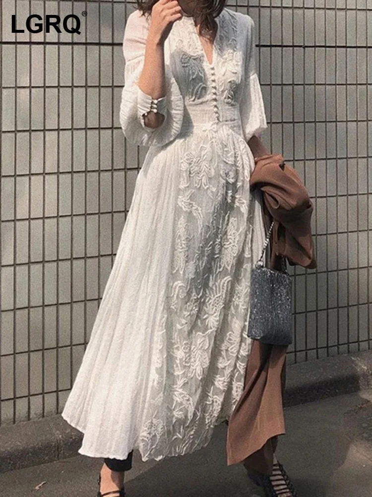 

Женское кружевное платье с вышивкой LGRQ, длинное однотонное платье с V-образным вырезом и поясом, осень 2024