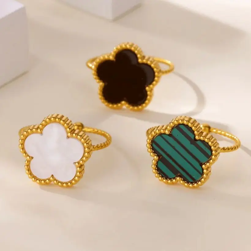 Five Leaf Clover Rings For Women 3 Colors Gold Plated Stainless Steel