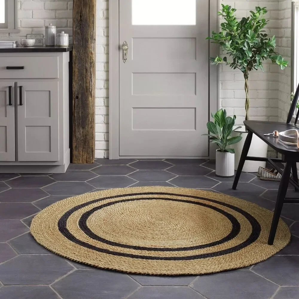 

Black Stripe Jute Rug Natural Hand Braided Round Carpet Living Room Hallway Floor Mat Modern Bedroom Area Rug Home Decor