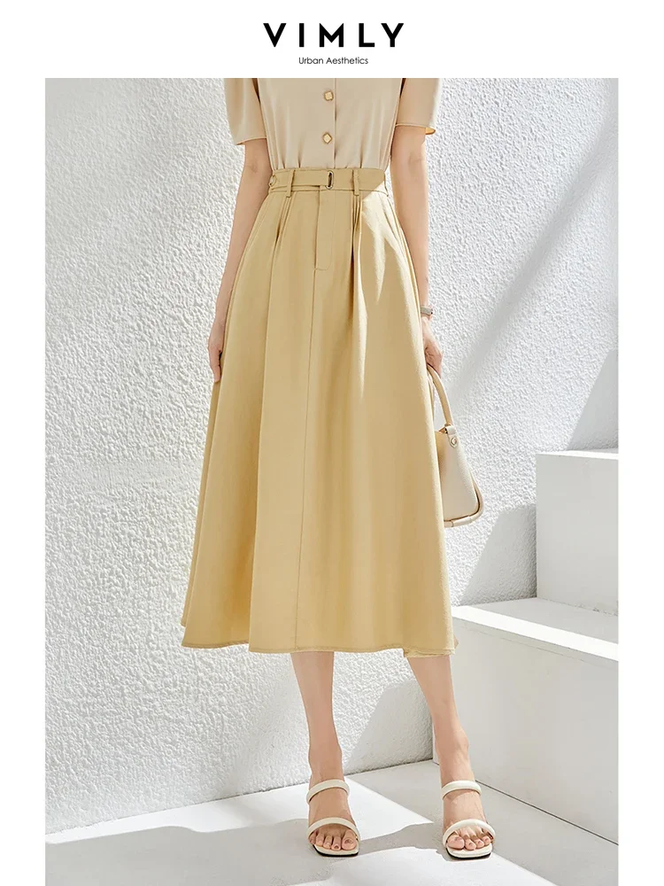 

Vimly Summer A-line Skirts for Women 2023 Fashion Loose Elastic Hight Waist Elegant Pleated Swing Midi Skirt with Pockets