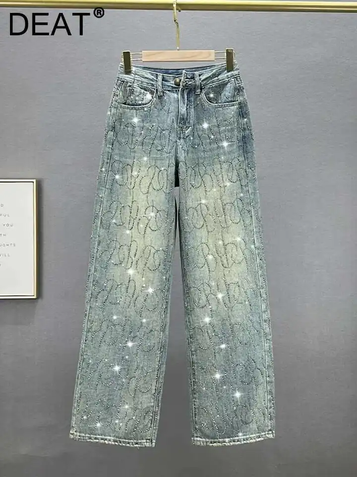 Deat-女性用ハイウエストデニムパンツ ブラック フルダイヤモンド ラインストーン チェック ストレート ワイドレッグ 新しいファッション 春 2022 29l3145 DEAT 女性のジーンズハイウエスト不規則なラインダイヤモンド象嵌ストレートワイドレッグデニムパンツ 2025 夏の新ファッション 29L4167