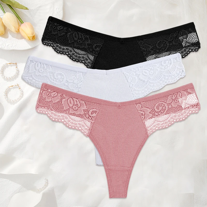 thumbnail image 1 of FINETOO-Tanga de algodón para mujer, lencería de S-XL, bragas, ropa interior Sexy, bragas íntimas de encaje, 3 unids/set, 1 of 5
