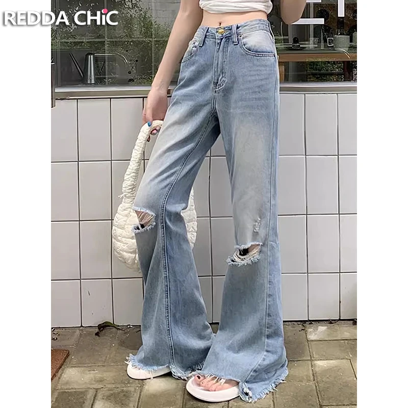 

ReddaChic Women Frayed High-Low Flare Jeans Vintage Wash High Rise Whiskers Ripped Hole Casual Bootcut Pants OL Korean Clothes