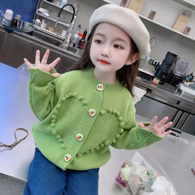 

Children's Clothing Cardigan Sweater Girls Fashion Hand Embroidered Heart Button Knit Cardigan Girls Baby Spring Autumn Sweater