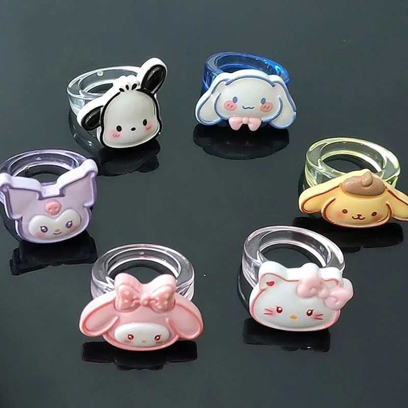 

Акриловое кольцо с фигуркой аниме Sanrio, регулируемое кавайное металлическое кольцо Hello Kitty Kuromi Cinnamoroll, коллекционная игрушка в подарок, 1 шт.