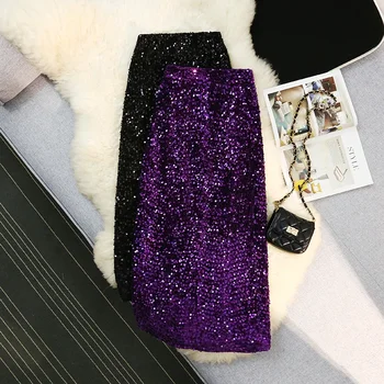 Seoulish Autumn Winter Velvet High Waist Sequined Women's Wrap A-Line Skirts 2024 New Elegant Back Split Pencil Skirts Female 1