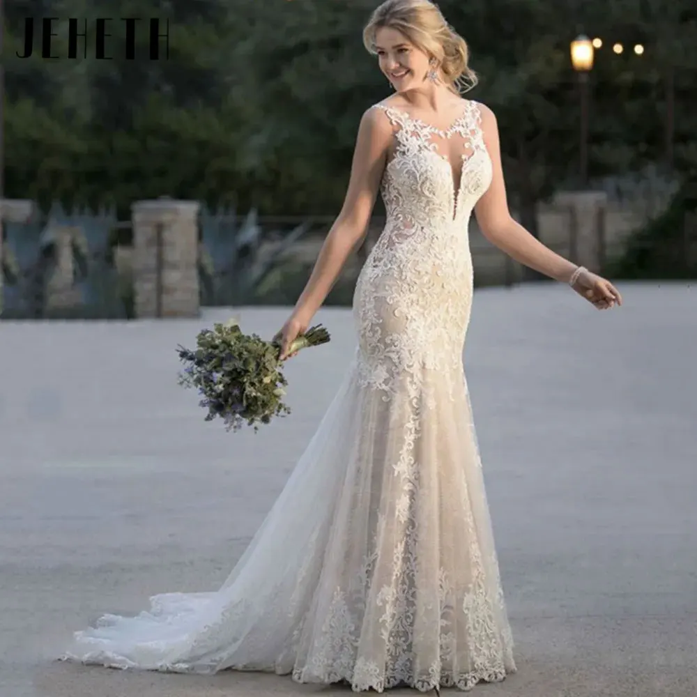 

JEHETH Luxury Mermaid V-Neck Wedding Dresses Charming Lace Backless Bride Gowns Sleeveless Applique Vestido De Noiva Custom Made