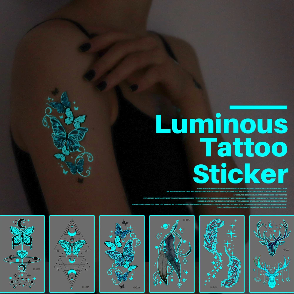 

Butterfly Feather Blue Luminous Tattoo Sticker Temporary Waterproof Arm Body Art Fake Tattoos Women Makeup Festival Accessories