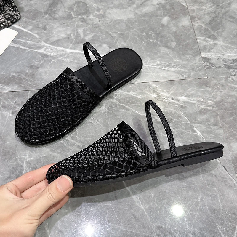 Europe and The United States Hollow Mesh Small Weave Roman Sandals New Fashion All Round Head Flat Baotou Drag Female